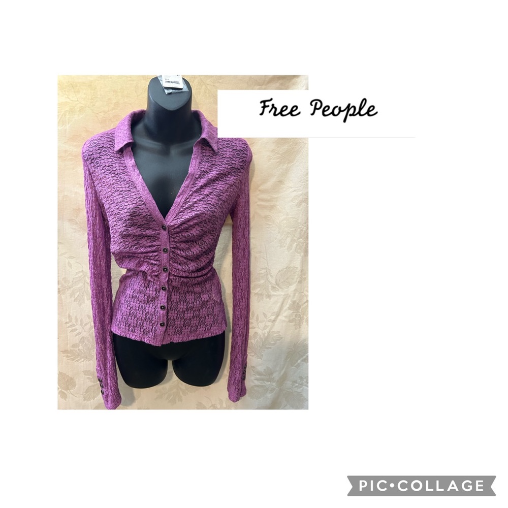 NWT Free People Size XS lace with metallic threads Front ruching, button down - Picture 9 of 9